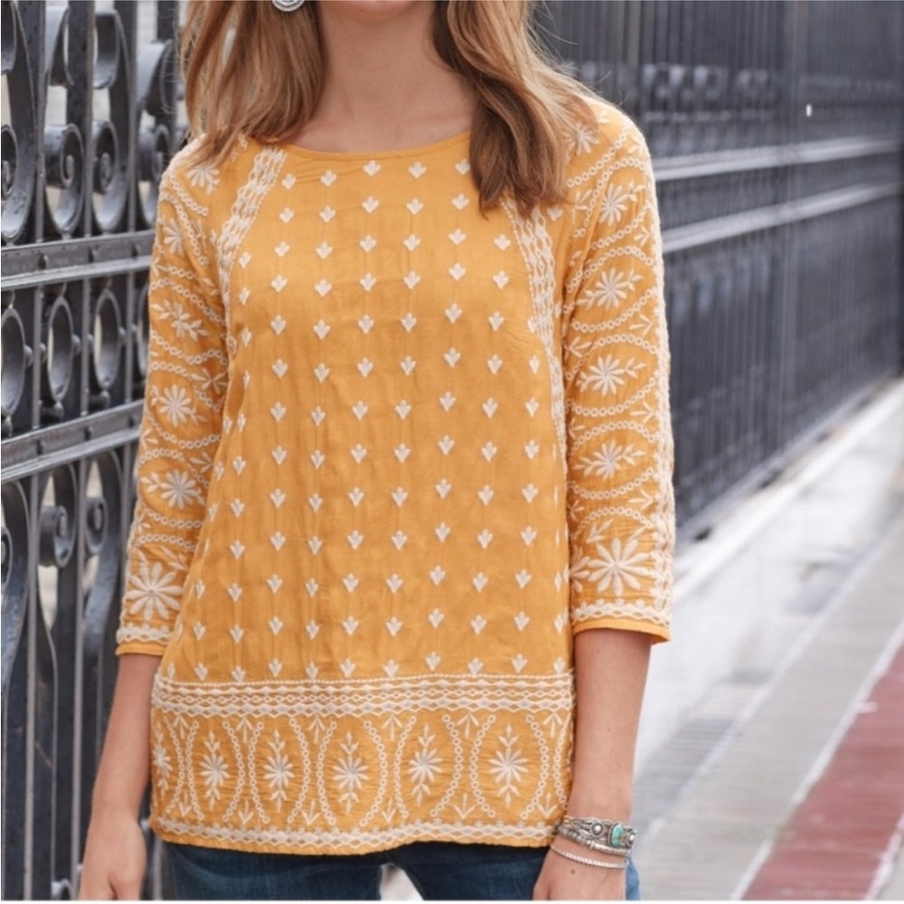 Sundance Embroidered Sunflower Yellow Gold Boho 3/4 Sleeve Top Size S